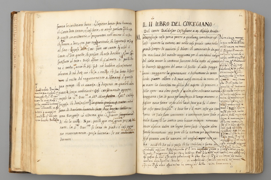 Baldassarre Castiglione, Libro del Cortegiano, 1527, dalla Biblioteca Medicea Laurenziana. Un best seller nel Rinascimento, che insegnava come frequentare la corte di un nobile o un papa.
