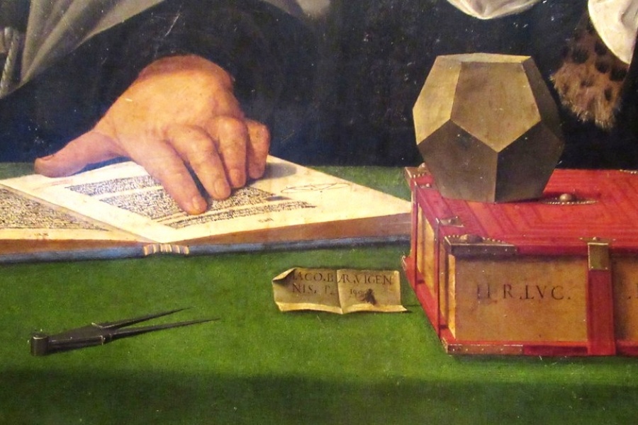 Jacometto Veneziano (?), "Ritratto di fra Luca Pacioli con un allievo", 1495 ca. Sul tavolo poggiano dei solidi platonici, un dodecaedro, strumenti di calcolo e di misura.
