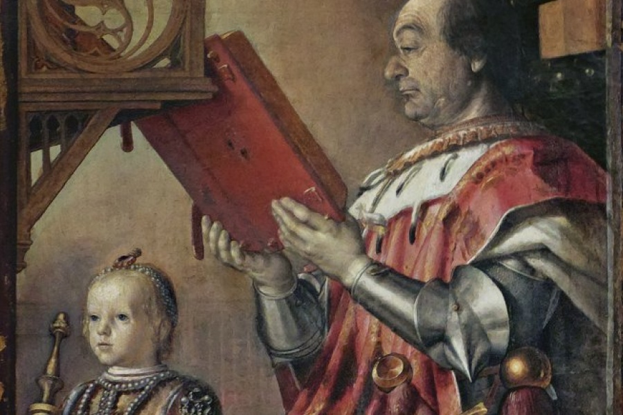 Pedro Berruguete, "Ritratto di Federico da Montefeltro col figlio Guidubaldo", 1475. Dettaglio.